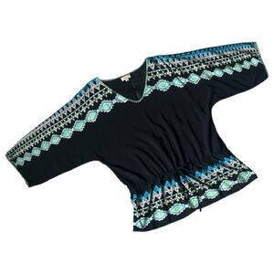 One World black boho blouse southwestern-style trim whipstitching dolman sleeves